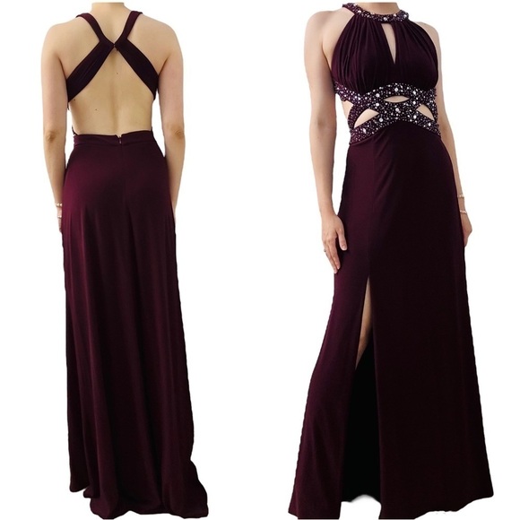 Y2K Formal Dress Long Halter Cut Out Maroon Gemstone Extra Small - Picture 1 of 10